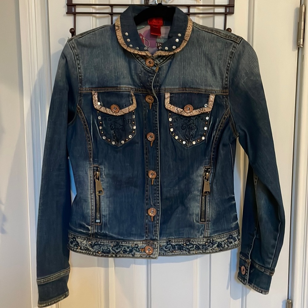 V Cristina Vintage Jeans Jacket w/ Embellishments, Crystals & Faux Snake Trim